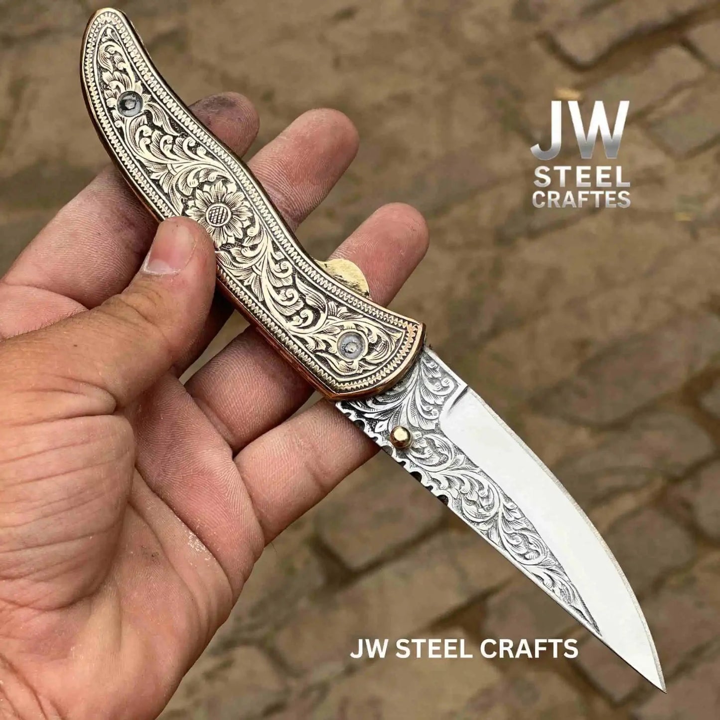 Handmade Engraved Folding Knife – Brass Handle EDC Pocket Knife