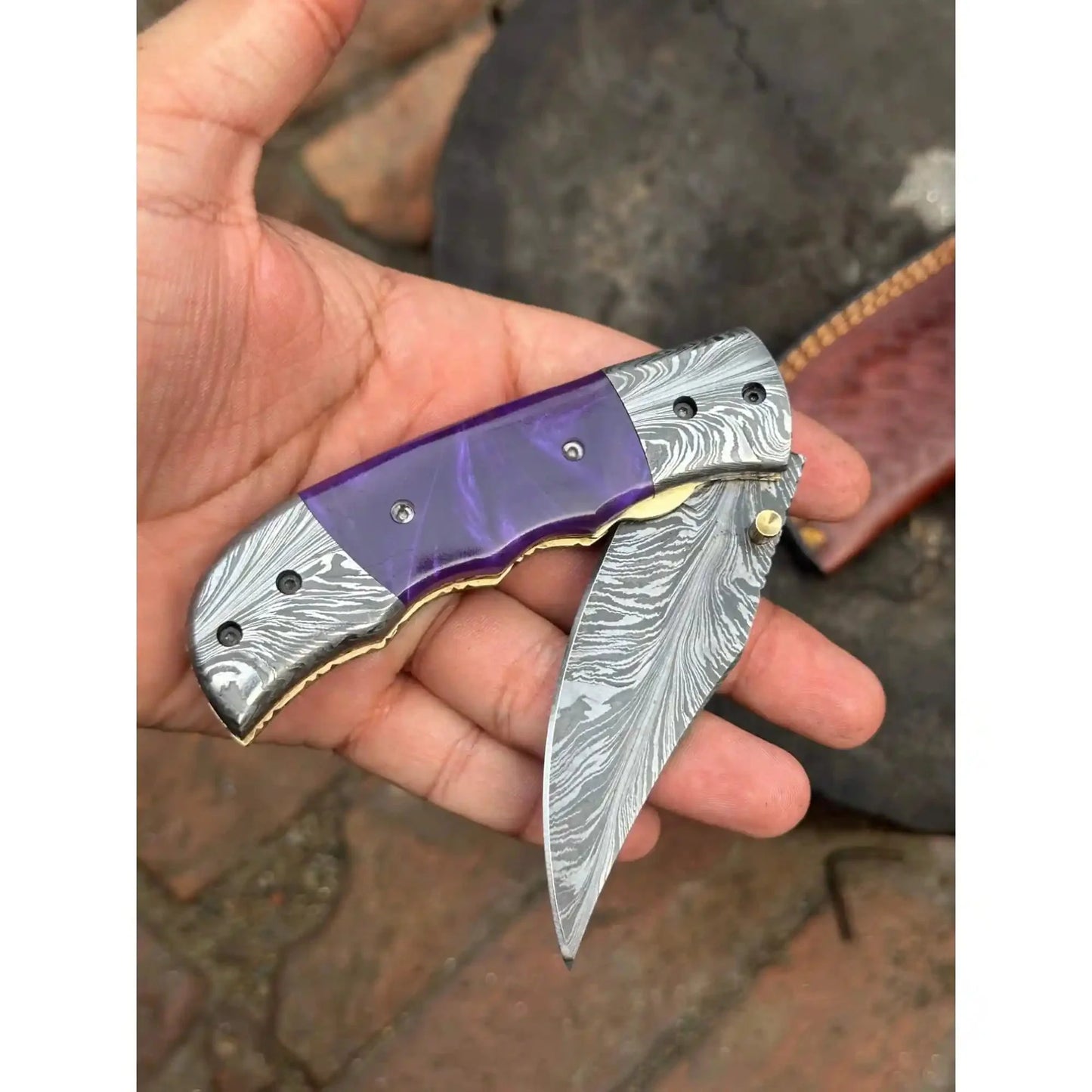 Handmade Feather Pattern Damascus Folding Knife with Purple Resin Handle & Leather Sheath