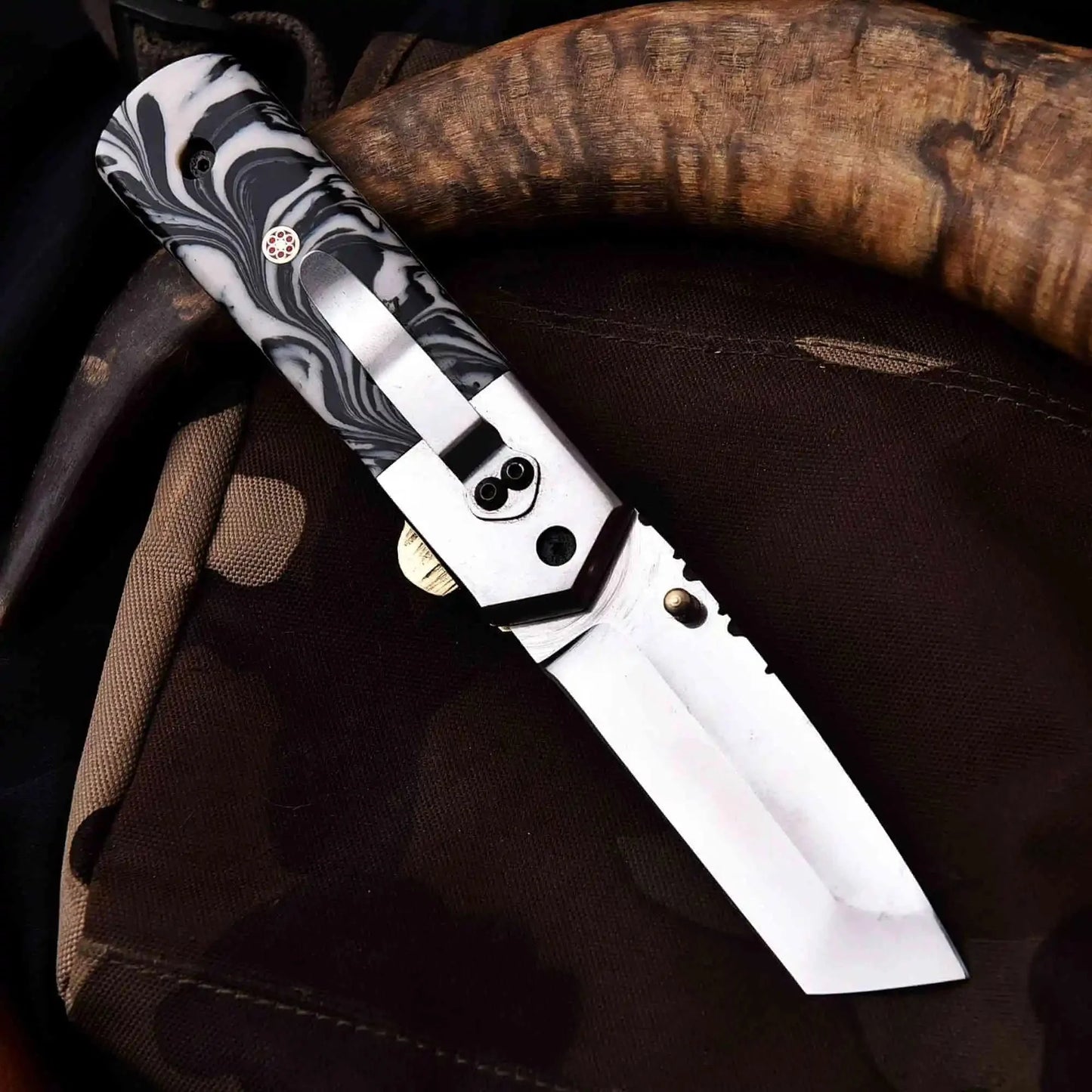 Handmade Folding Knife – Marble Resin Handle with Cleaver-Style Blade
