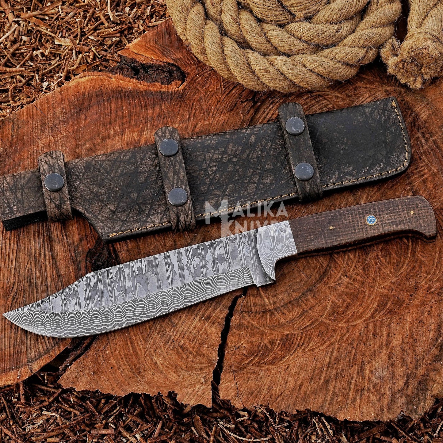 Custom Hunting Knife – Premium Stainless Damascus with Leather Sheath