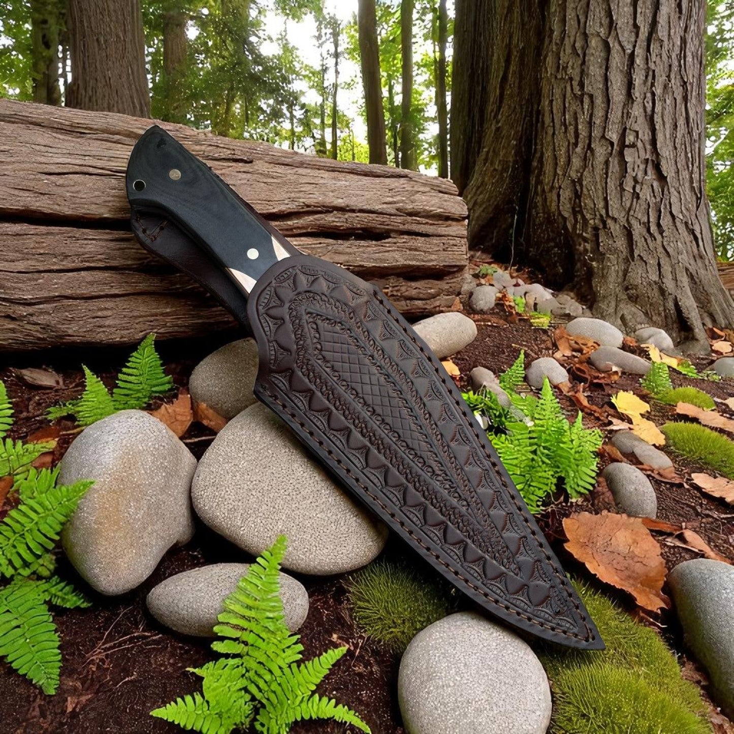 Premium 11″ D2 Steel Full‑Tang Hunting Knife | Satin-Finish, G10 Handle, Leather Sheath
