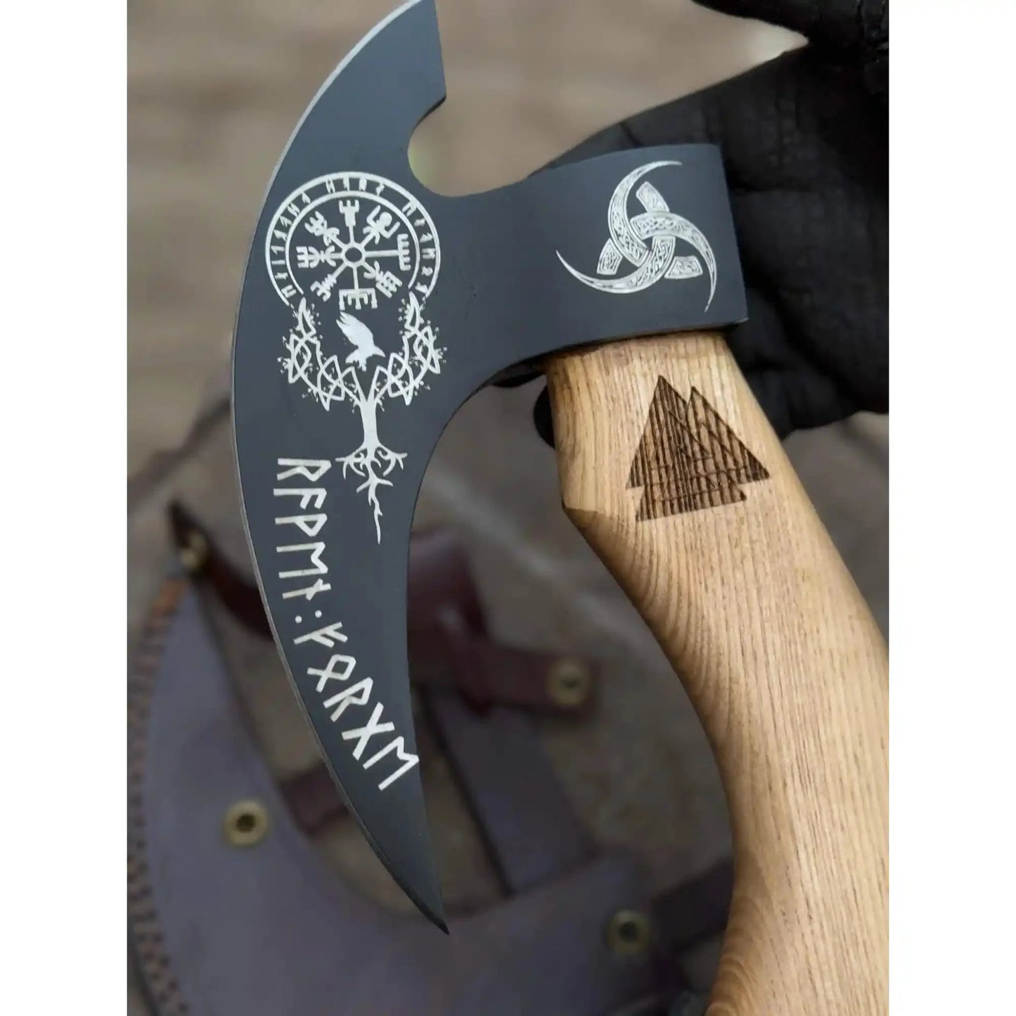 Product: Viking Style Engraved Bearded Axe – Oak Wood Handle