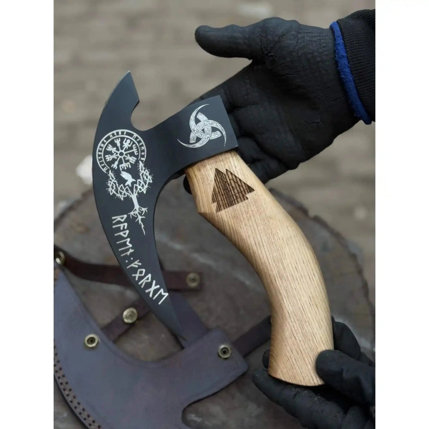 Product: Viking Style Engraved Bearded Axe – Oak Wood Handle