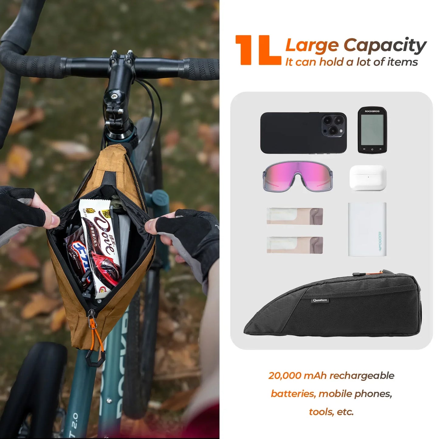 Water-repellent Top Tube Bag for Bikepacking 1L
