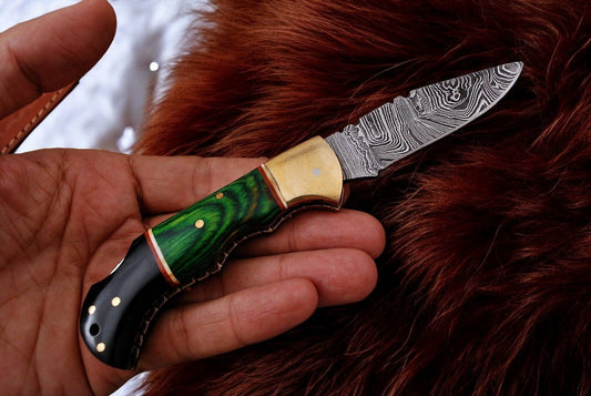 Custom Handmade Damascus Pocket Knife with Green Wood Handle