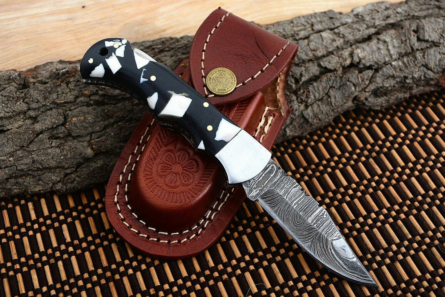Best Folding Pocket Knife with Black and White Epoxy Resin and Steel Bolster Handle, 3-inch Blade Length