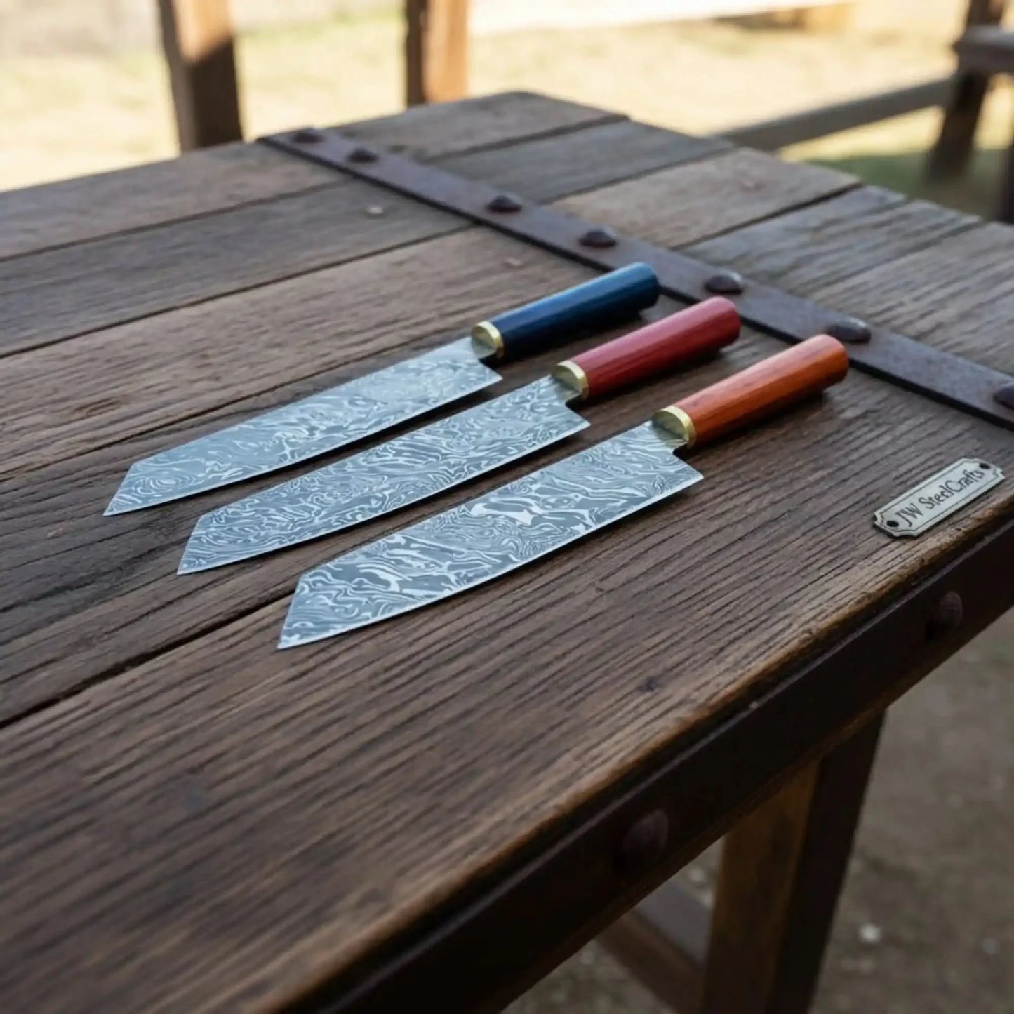3-Piece Twisted Damascus Chef Knife Set — 9 Inch Blades, 14 Inch Overall, Multicolor Pakka Wood Handles & Brass Bolsters | JW Steel Crafts