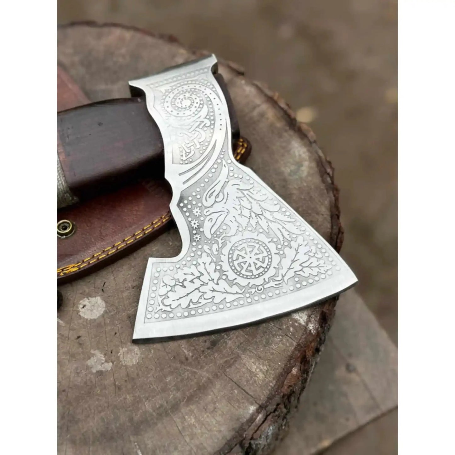 Viking Bearded Axe with Norse Engraved Blade and Leather Sheath