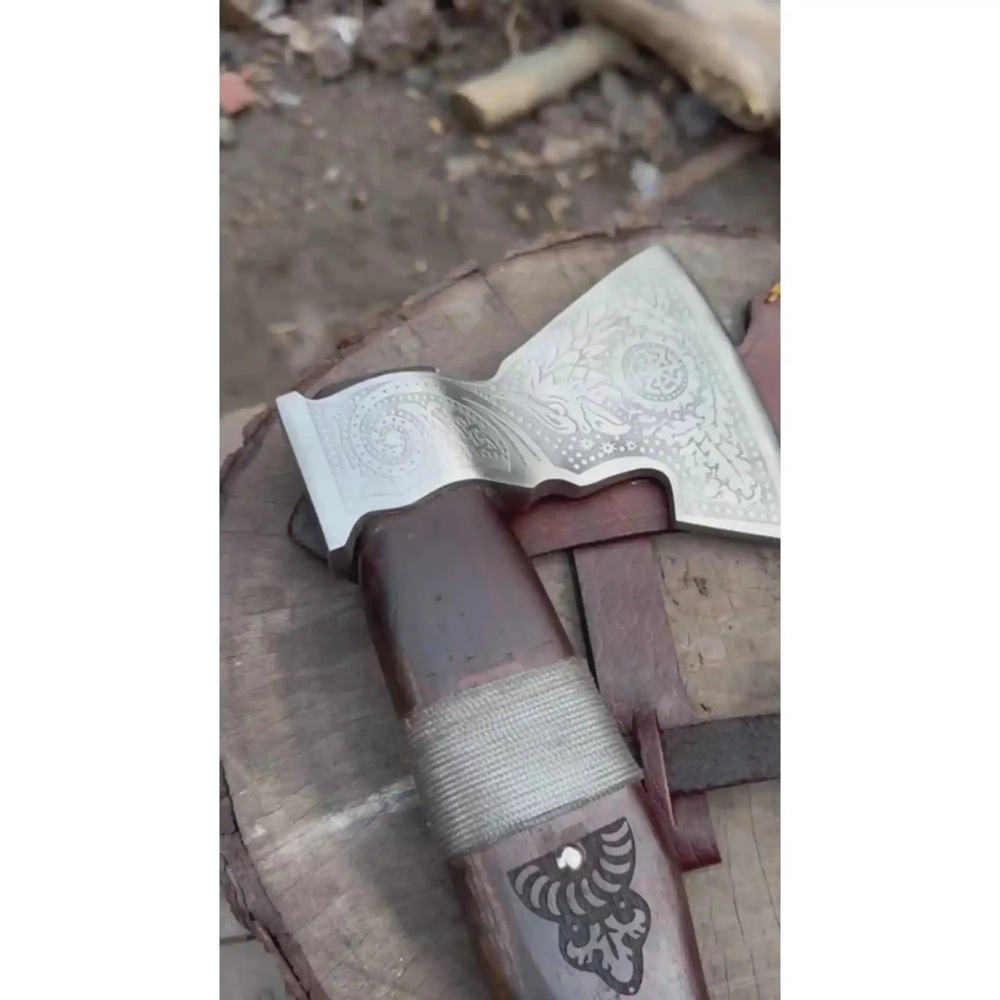 Viking Bearded Axe with Norse Engraved Blade and Leather Sheath